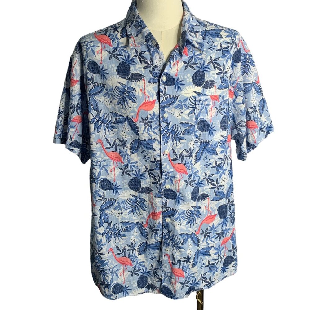 IZOD Reverse Print Button Up Hawaiian Shirt XXL Blue Flamingo Chambray Pocket